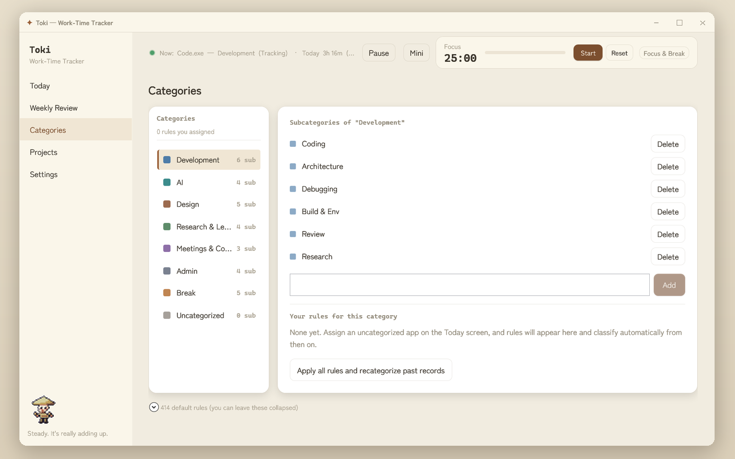 Toki Categories screen