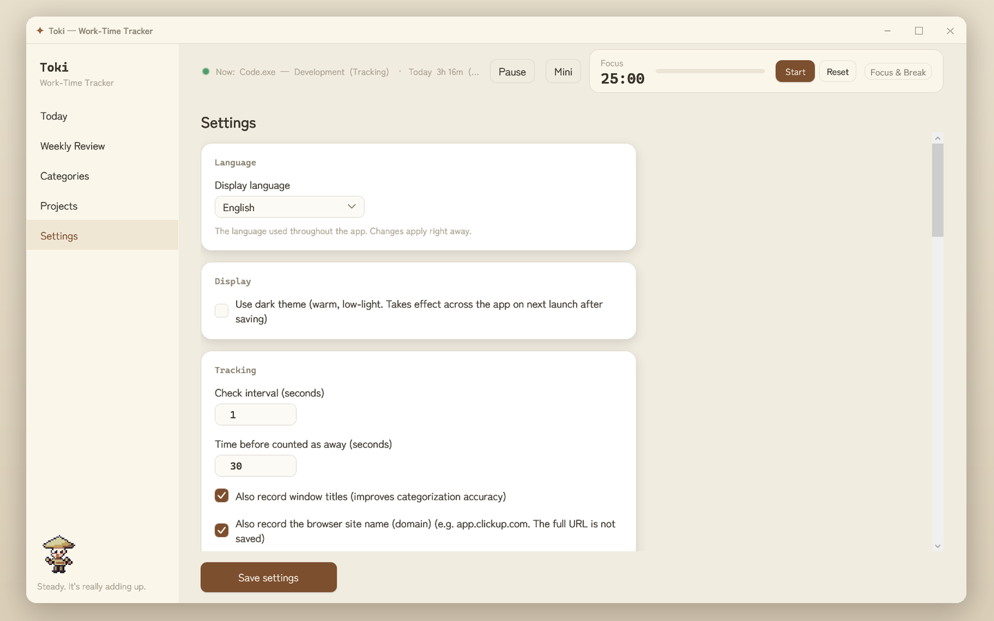 Toki Settings screen
