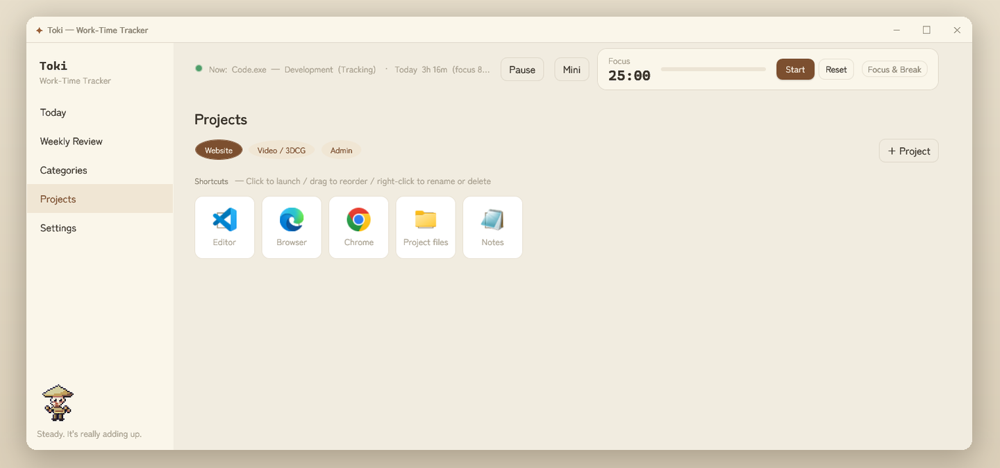 Toki's Projects (launcher) screen — bundle the apps and folders you use into tiles and launch them in one click.