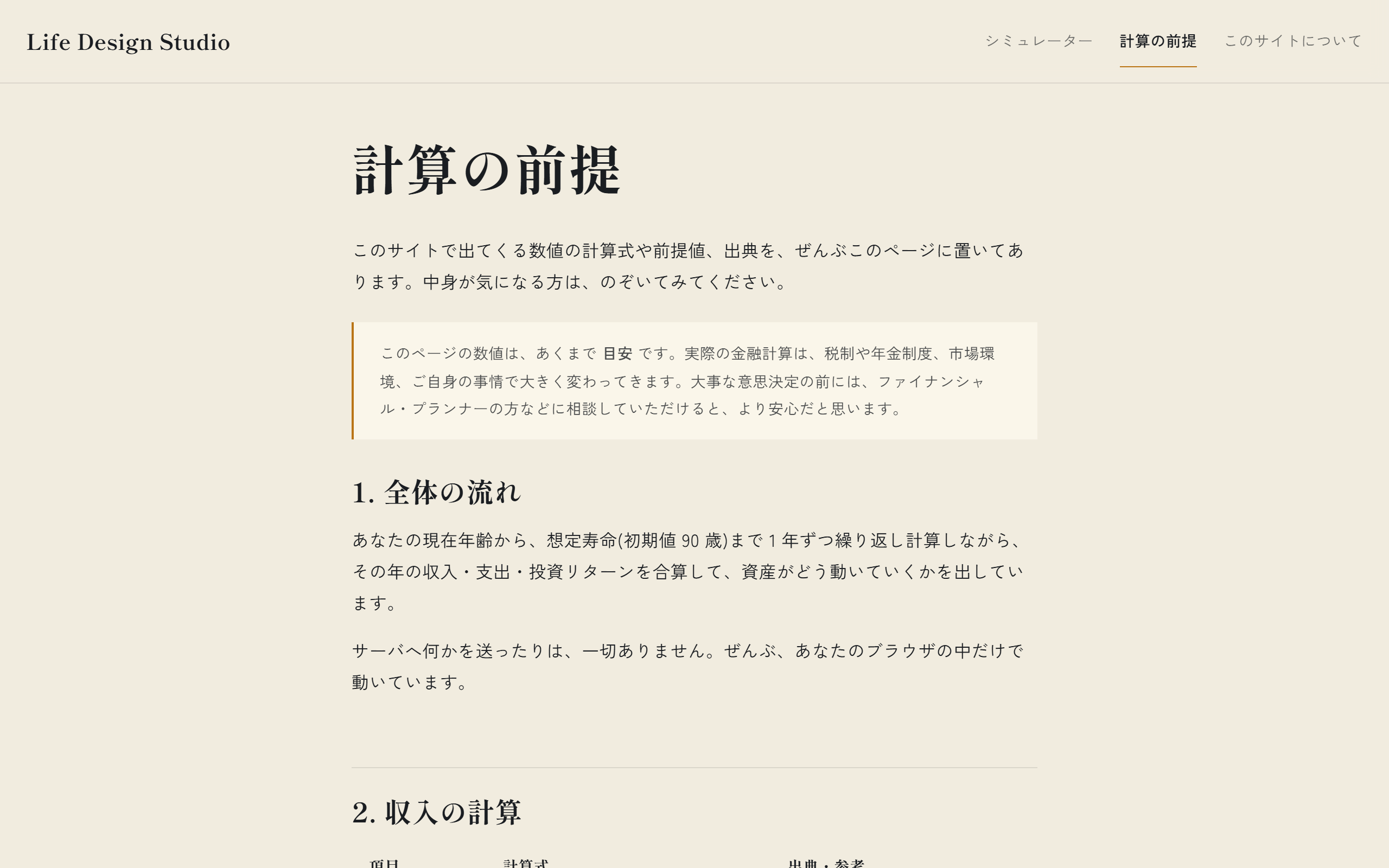 計算の前提を説明するページ